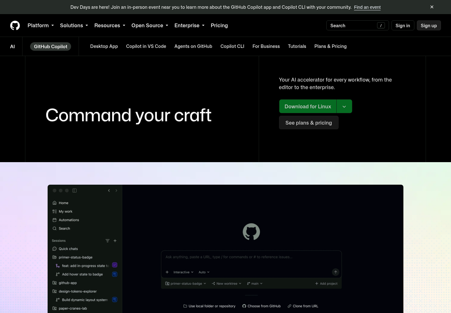 Zrzut oficjalnej strony GitHub Copilot