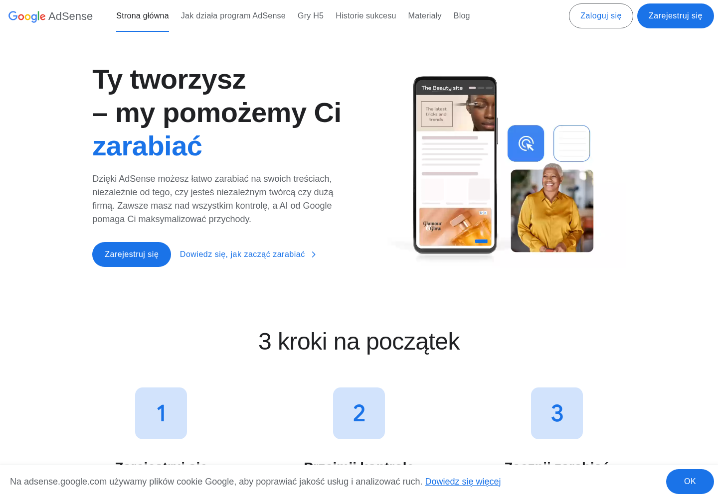 Zrzut oficjalnej strony Google AdSense