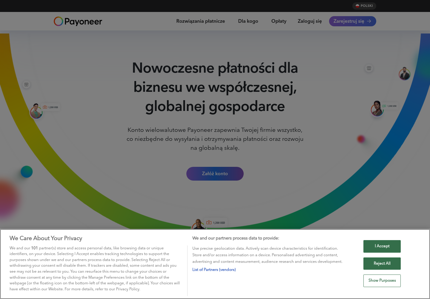 Zrzut oficjalnej strony Payoneer
