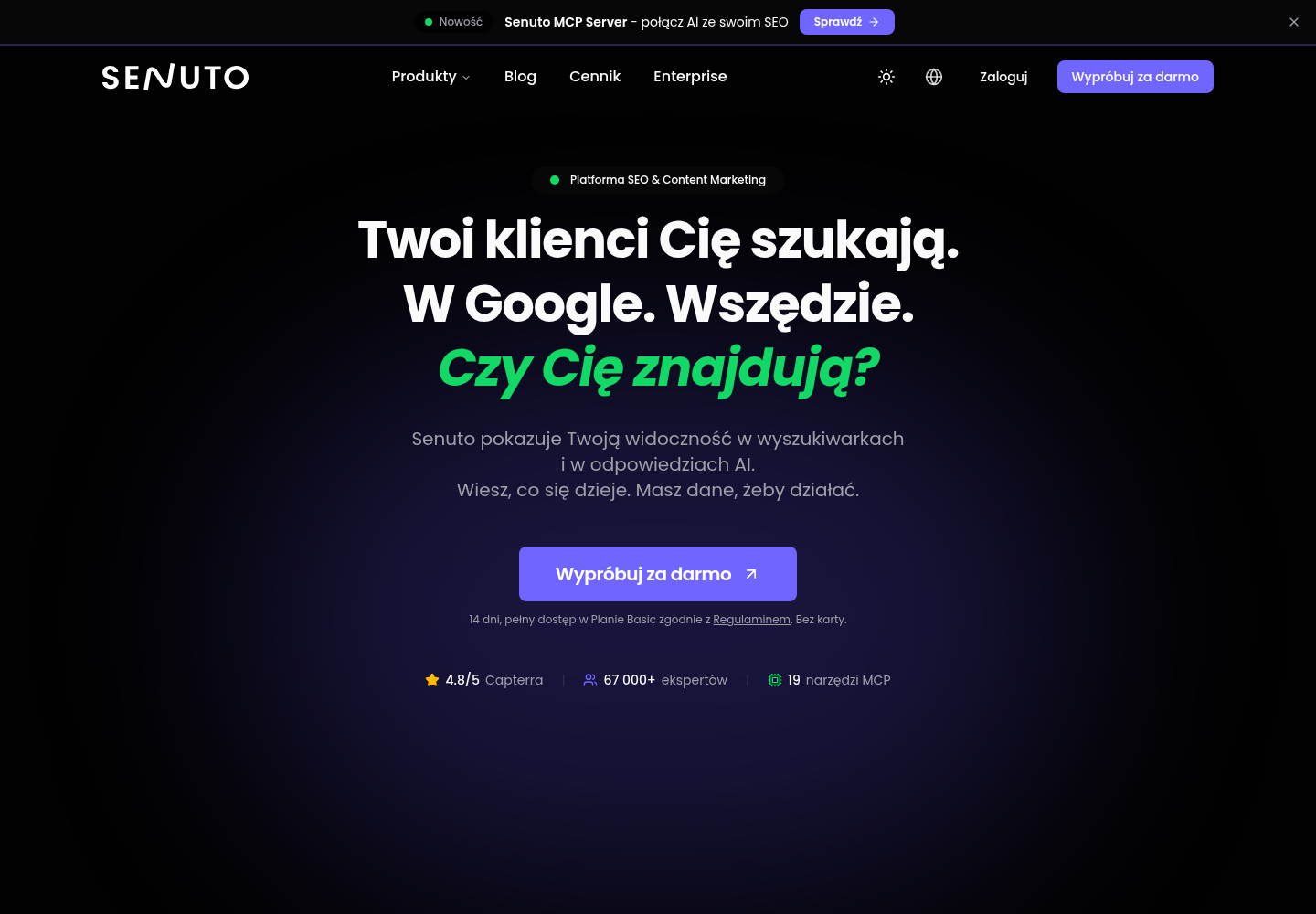 Zrzut oficjalnej strony Senuto